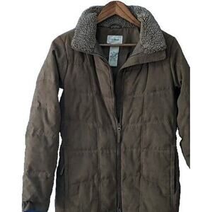 Coat Warm Faux Suede LL Bean‎ Quilted Goose Down Brown Sherpa Collar Women's M